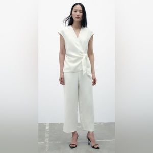 Zara Women’s White Faux Wrap V-Neck Wide‎ Leg Jumpsuit Sz Small NWT
